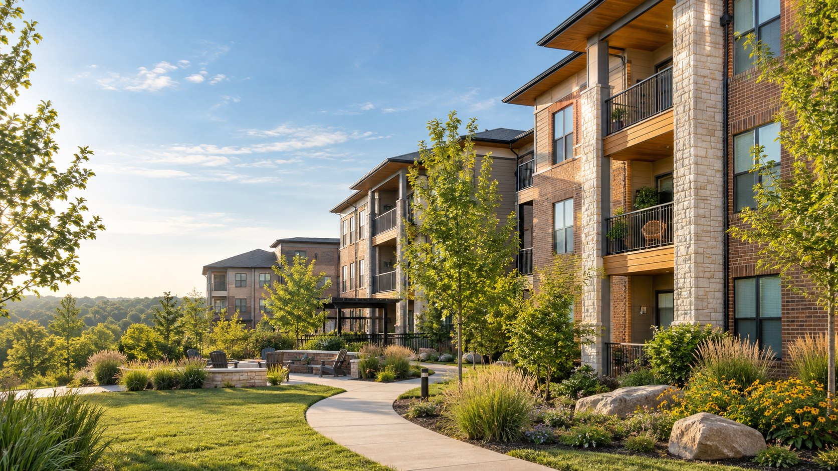 Modern apartment community in a landscaped Northwest Arkansas setting